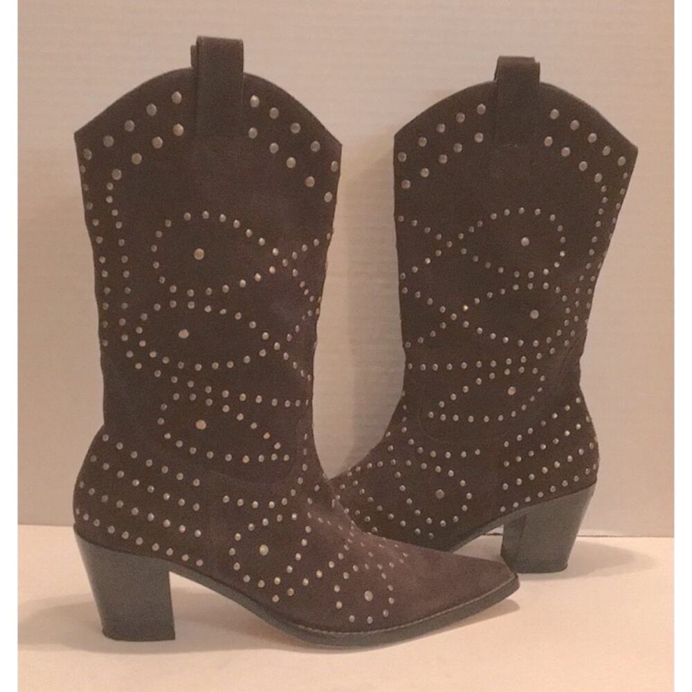 BROWN SUEDE COWBOY BOOTS  STUDDED BRONZE LIKE NEW